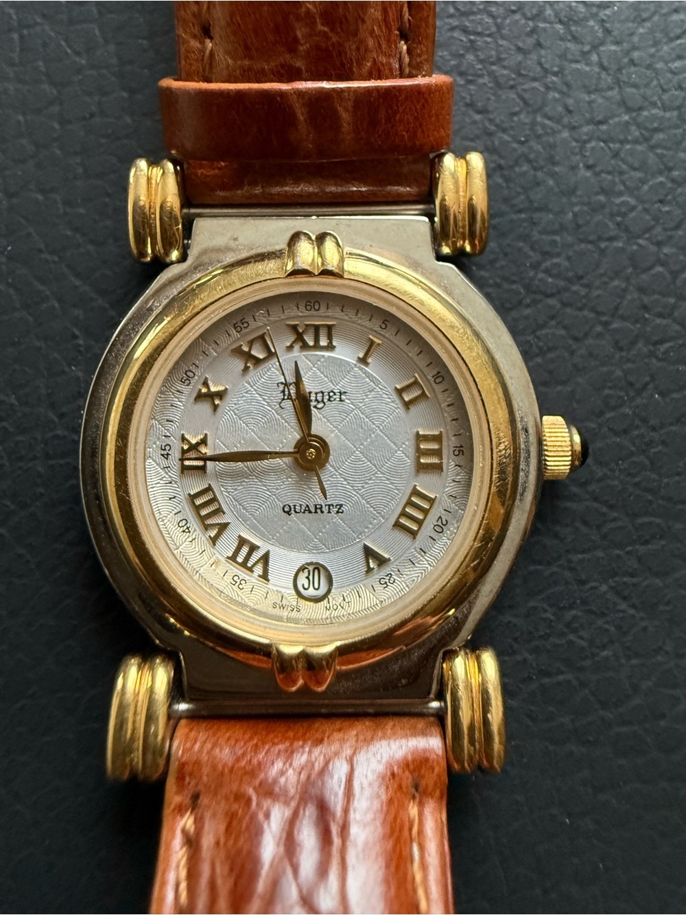 Vintage Luger Swiss Quartz Watch Roman Numerals Date Leather Strap